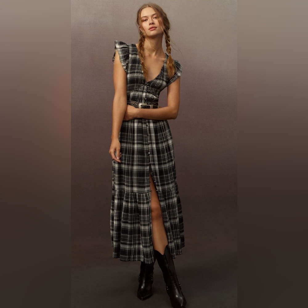 Anthropologie Peregrine Dress L Black Plaid